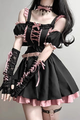 Black/Pink Tie Bow Gothic Sweet Lolita Strapless Skirt Dress 2 Pieces Set - Product - 5