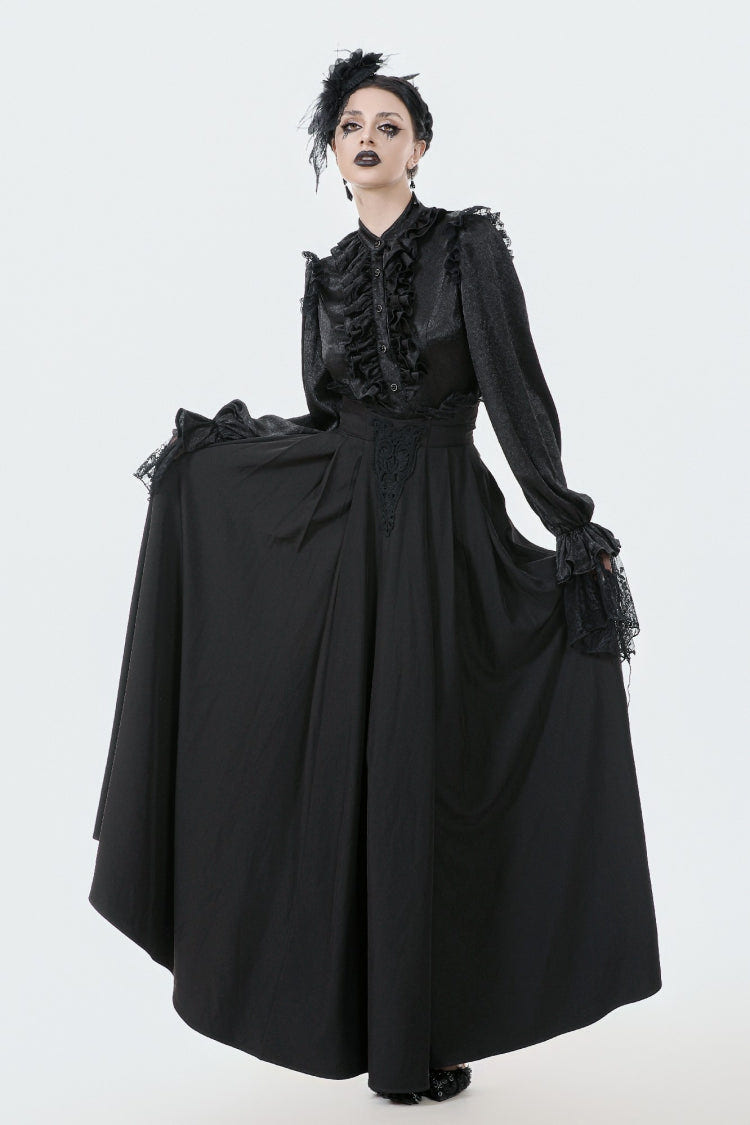 Black Embroidered Lace Trim Pleated Women's Gothic Maxi Skirt - Product - 7