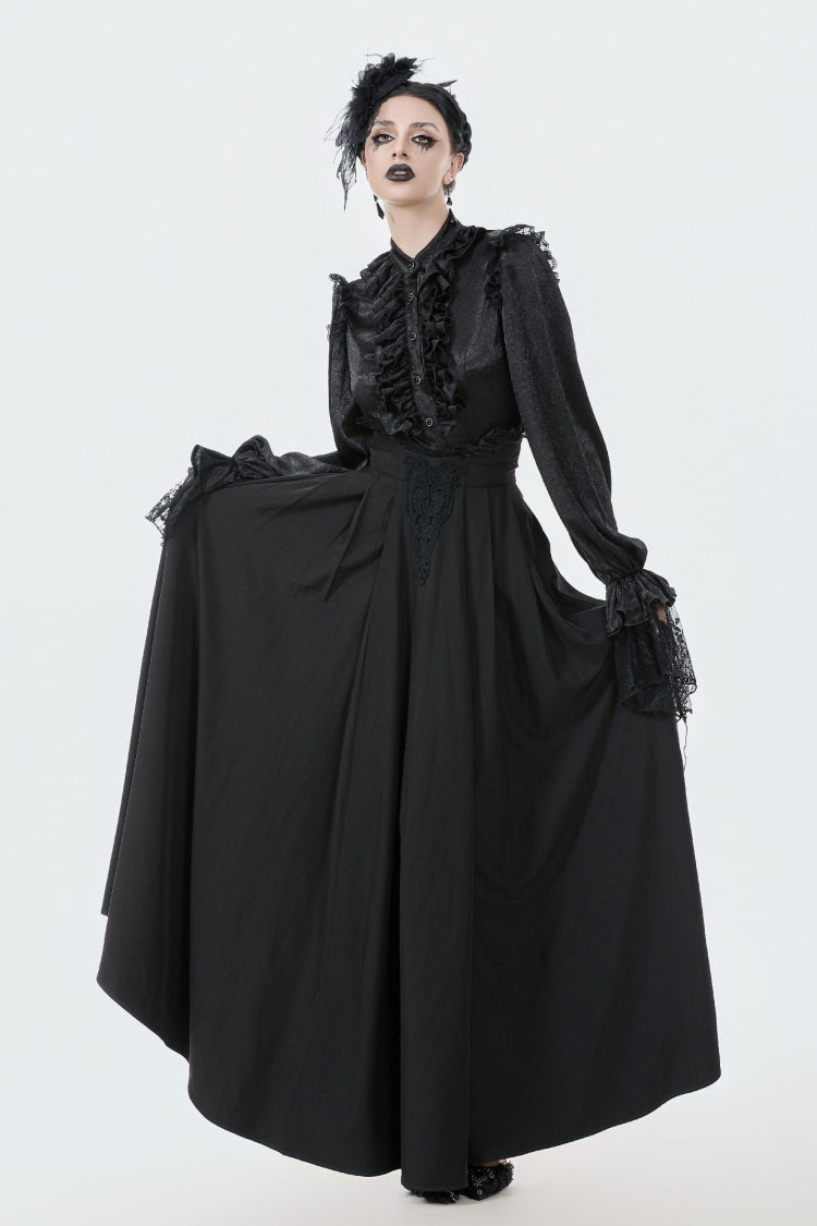 Black Embroidered Lace Trim Pleated Women's Gothic Maxi Skirt - Product - 7