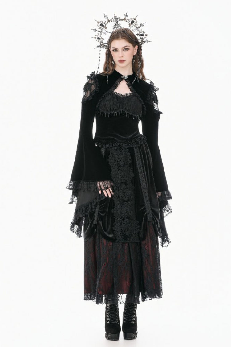 Black Ruffled Lace Long Trumpet Sleeves Floral Sheer Mesh Spliced Velvet Women's Gothic Cape - Product - 6