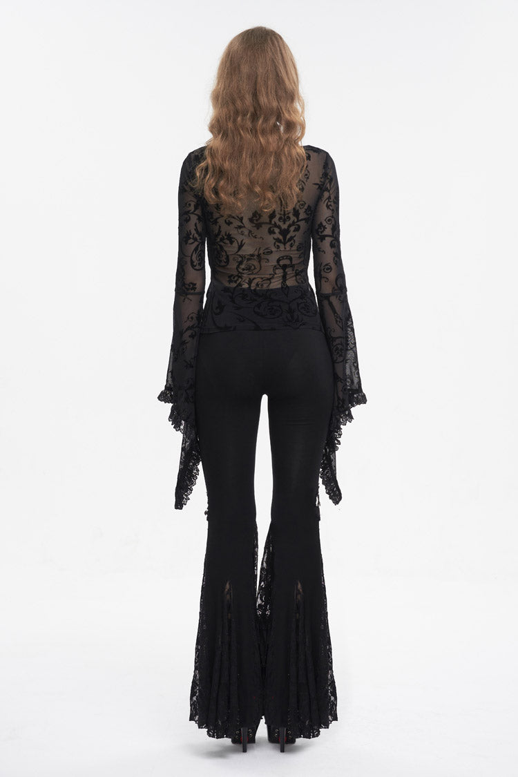 Black Plunging Flared Sleeved Mesh Splice Women's Punk Shirt - Product - 6
