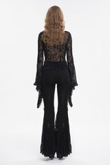 Black Plunging Flared Sleeved Mesh Splice Women's Punk Shirt - Product - 6