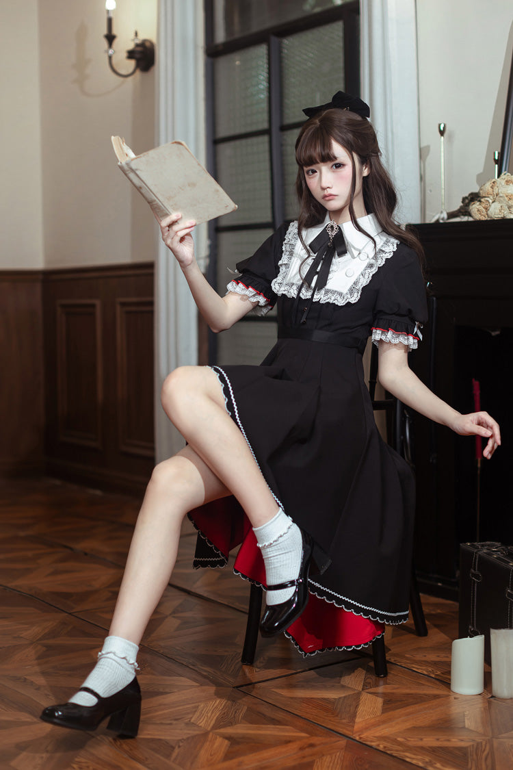 Black/White [Rosalind] Lapel Collar Short Sleeves Bow Lace Gothic Maid Lolita Dress - Product - 5