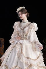 Champagne Stand Collar Long Sleeves Jacquard Wedding Style Open-Front Lace Sweet Princess Royal Lolita Victorian Dress - Product - 5