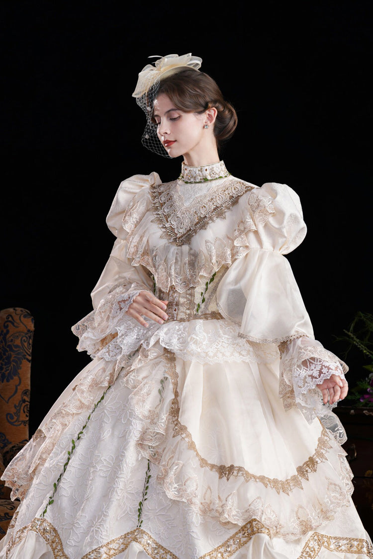 Champagne Stand Collar Long Sleeves Jacquard Wedding Style Open-Front Lace Sweet Princess Royal Lolita Victorian Dress - Product - 5