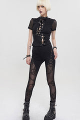 Black Punk Short Sleeve Irregular Drawstring Bright Leather Neckline Mesh Cuffs Women's T-Shirt - Product - 5