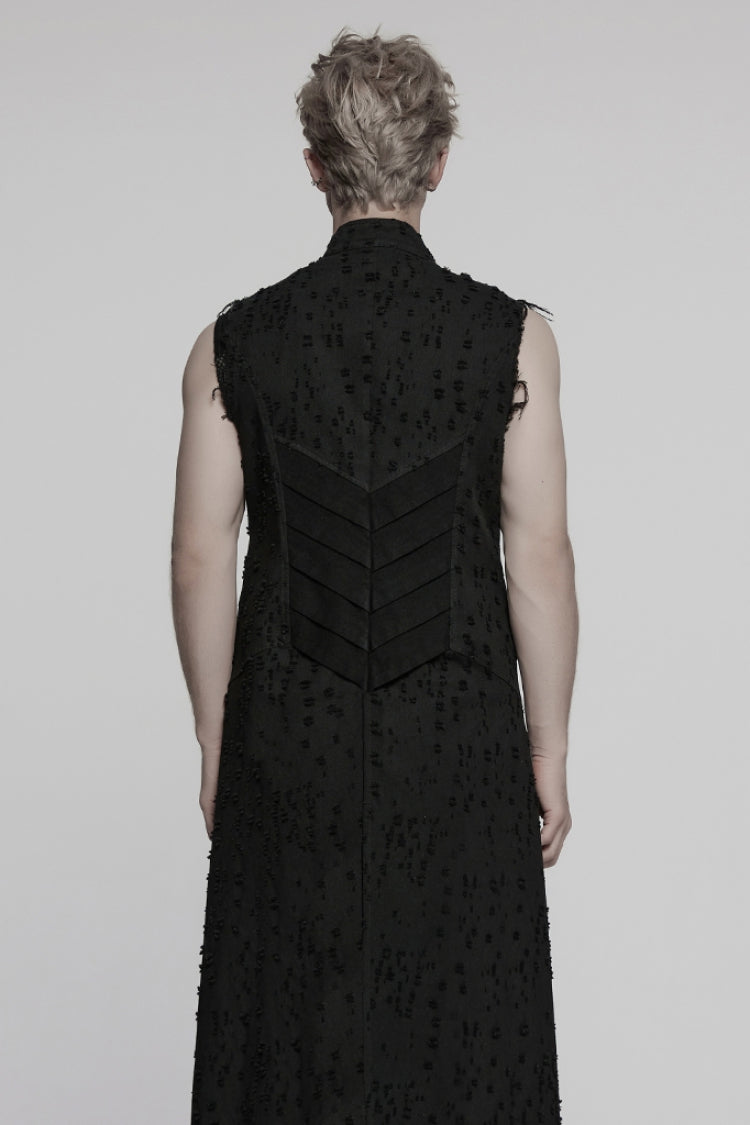 Black Stand Collar Sleeveless Cross Distressed Embroidery Men's Gothic Long Vest - Product - 3