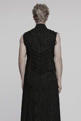Black Stand Collar Sleeveless Cross Distressed Embroidery Men's Gothic Long Vest - Product - 3