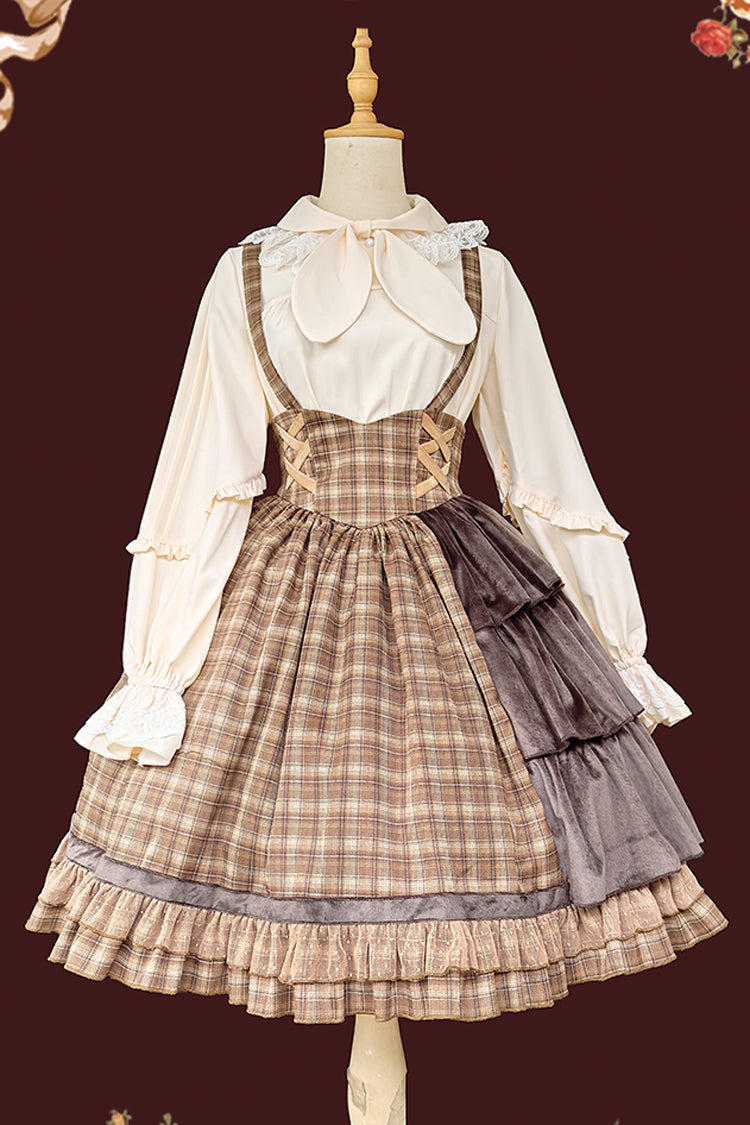 Brown [Morning Tune] Sleeveless High Waisted Print Ruffle Asymmetric Sweet Lolita Strap Dress - Product - 10