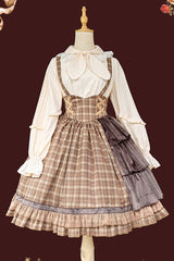 Brown [Morning Tune] Sleeveless High Waisted Print Ruffle Asymmetric Sweet Lolita Strap Dress - Product - 10