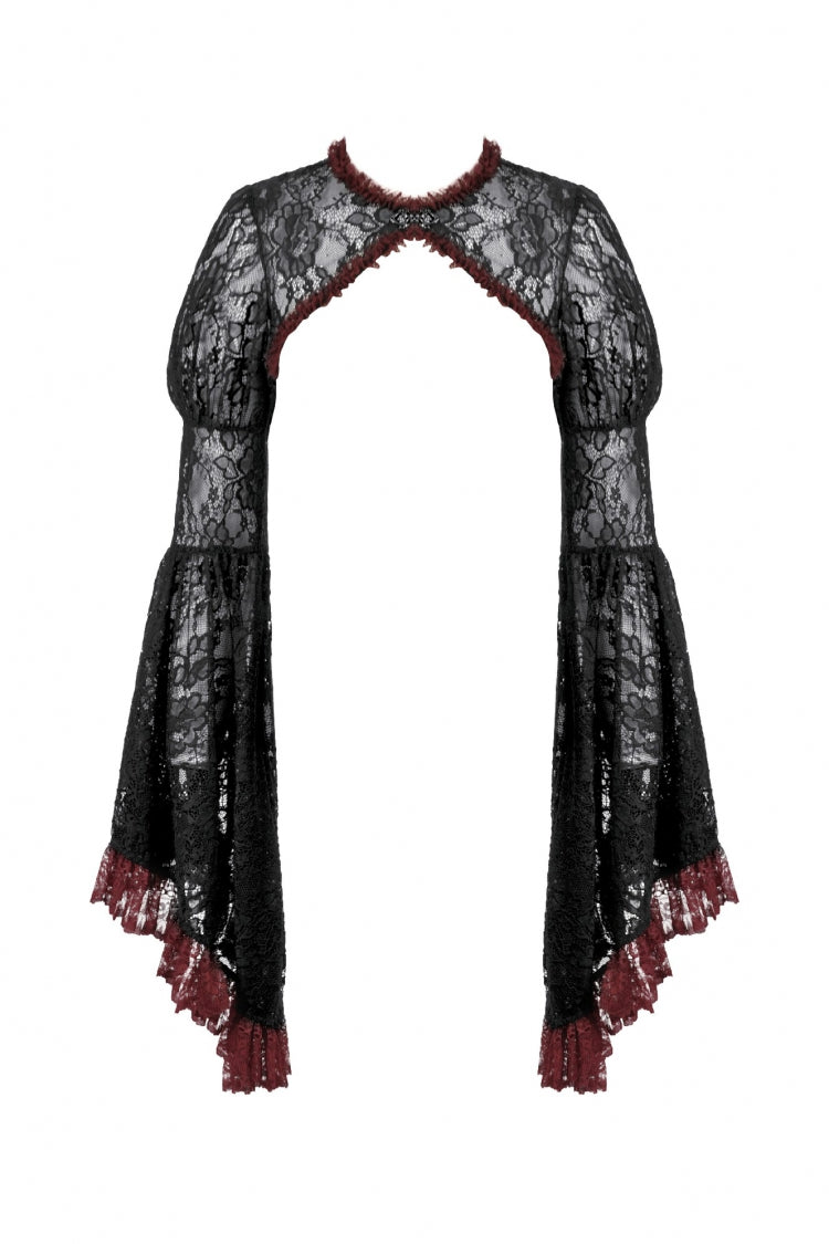 Black/Red Long Puff Flared Sleeves Floral Lace Women's Gothic Cape - Product - 3
