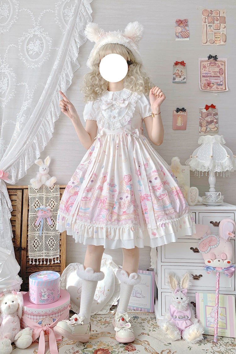 Ivory Cute Cat Print High Waisted Ruffle Bowknot Sweet Princess Lolita JSK Dress - Product - 6