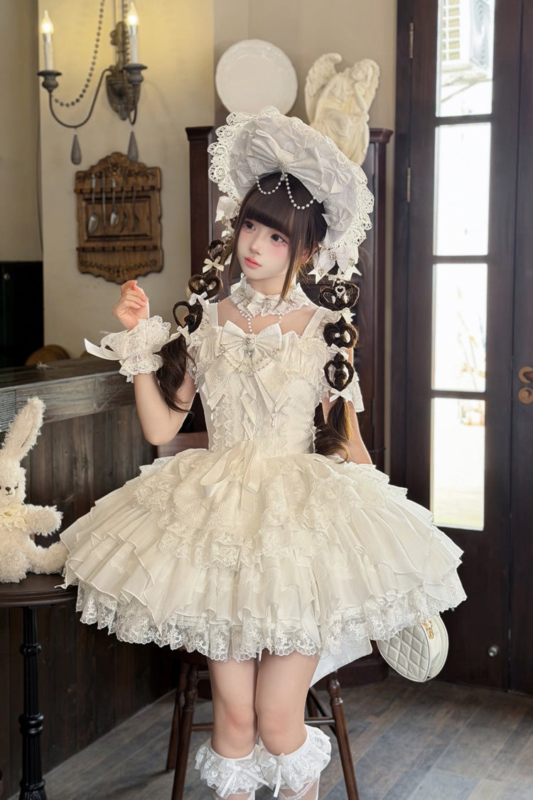White [Pearl Ballet] Square Collar Sleeveless Multi-Layered Ruffled Bow Lace-Up Pearl-Decorated Sweet Ballet Lolita Jsk Dress - Product - 8