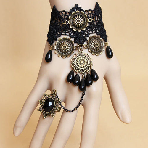 Black Retro Lace Pearl Gems Palace Prom Female Personality Gothic Lolita Bracelet With Ring One Chain - Black - 1