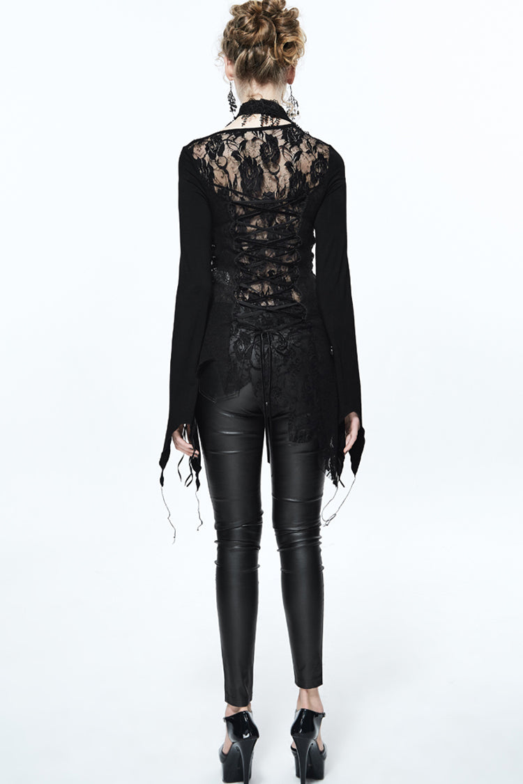 Black Asymmetric Lace Woolen Splice Rose Mesh Chest Hollow Applique Hem Women's Gothic Sweater - Product - 5