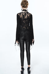 Black Asymmetric Lace Woolen Splice Rose Mesh Chest Hollow Applique Hem Women's Gothic Sweater - Product - 5