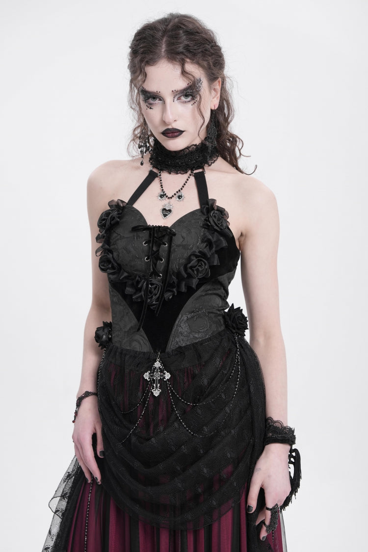 Black Halterneck Sleeveless Embroidery Stitching Rose Heart Lace Women's Gothic Blouse - Black - 1