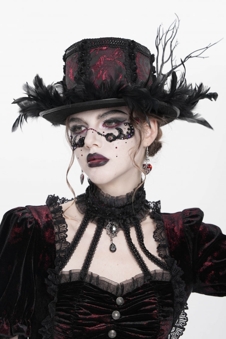 Red Embroidered Women's Gothic Gorgeous Floral Feather Hat - Product - 3
