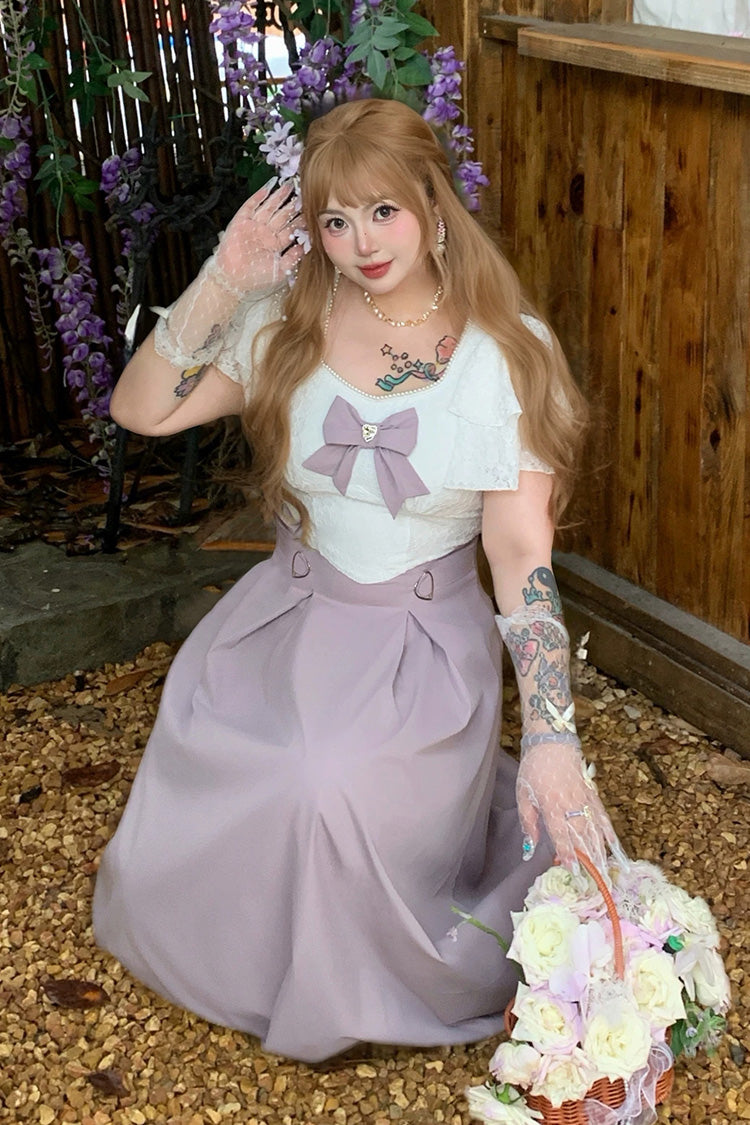 White/Purple Round Collar Short Sleeves Bow Patchwork Lace Sweet Japanese Plus Size Lolita Dress - Product - 2