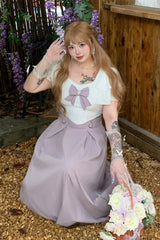 White/Purple Round Collar Short Sleeves Bow Patchwork Lace Sweet Japanese Plus Size Lolita Dress - Product - 2