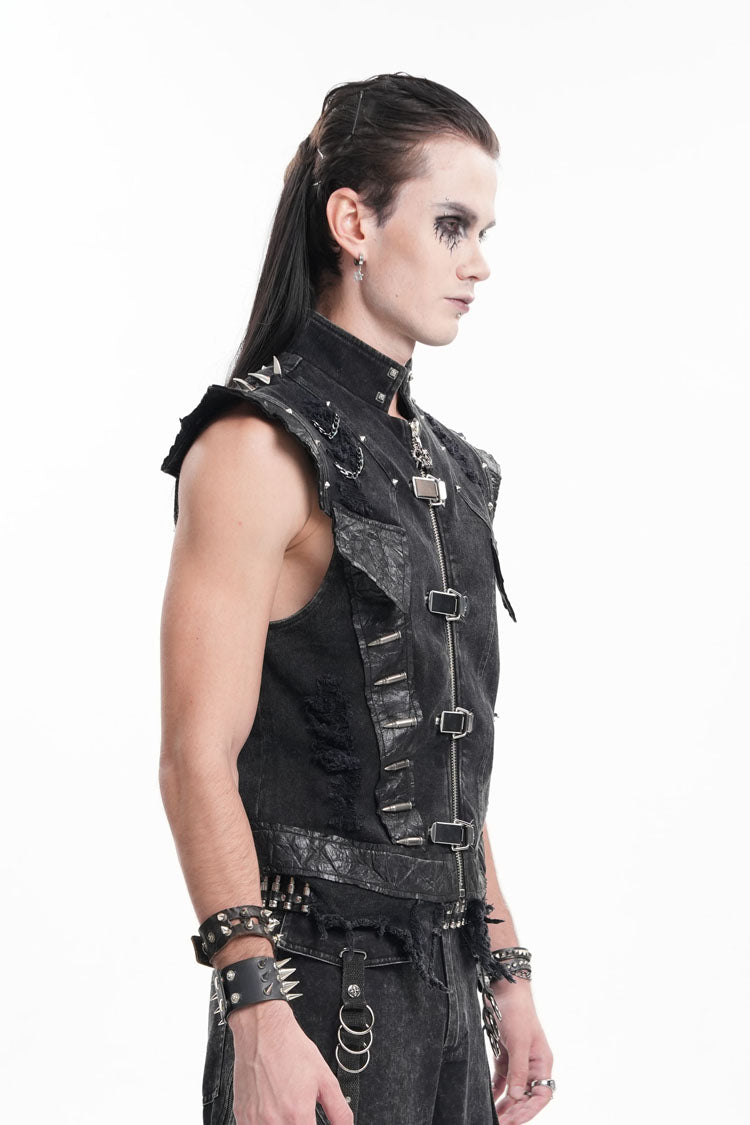 Black Stand Collar Sleeveless Rivets Chain Rings Men's Gothic Vest - Product - 4