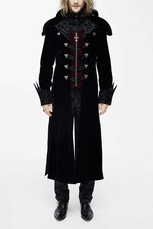 Western Fashion Gothic Pattern Event Shawl Collar Black Mens Velveteen Long Coats - Black - 1