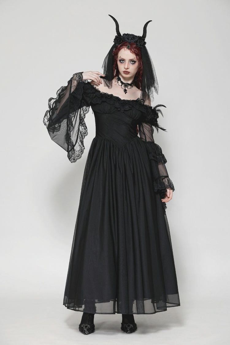 Black Off Shoulder Boat Neck Multi-Layered Long Trumpet Sleeves Lace Spliced Tulle Lace-Up Women's Gothic Fantasy Dress - Product - 10