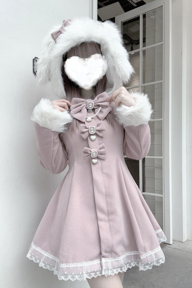 Pink Long Sleeves Bowknot Rabbit Ears Detachable Hooded Japanese Jirai Kei Coat - Pink - 1