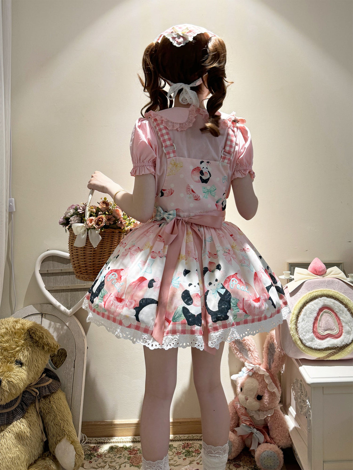 Panda Peach Print Bowknot Sweet Lolita Strap Dress 3 Colors - Product - 8
