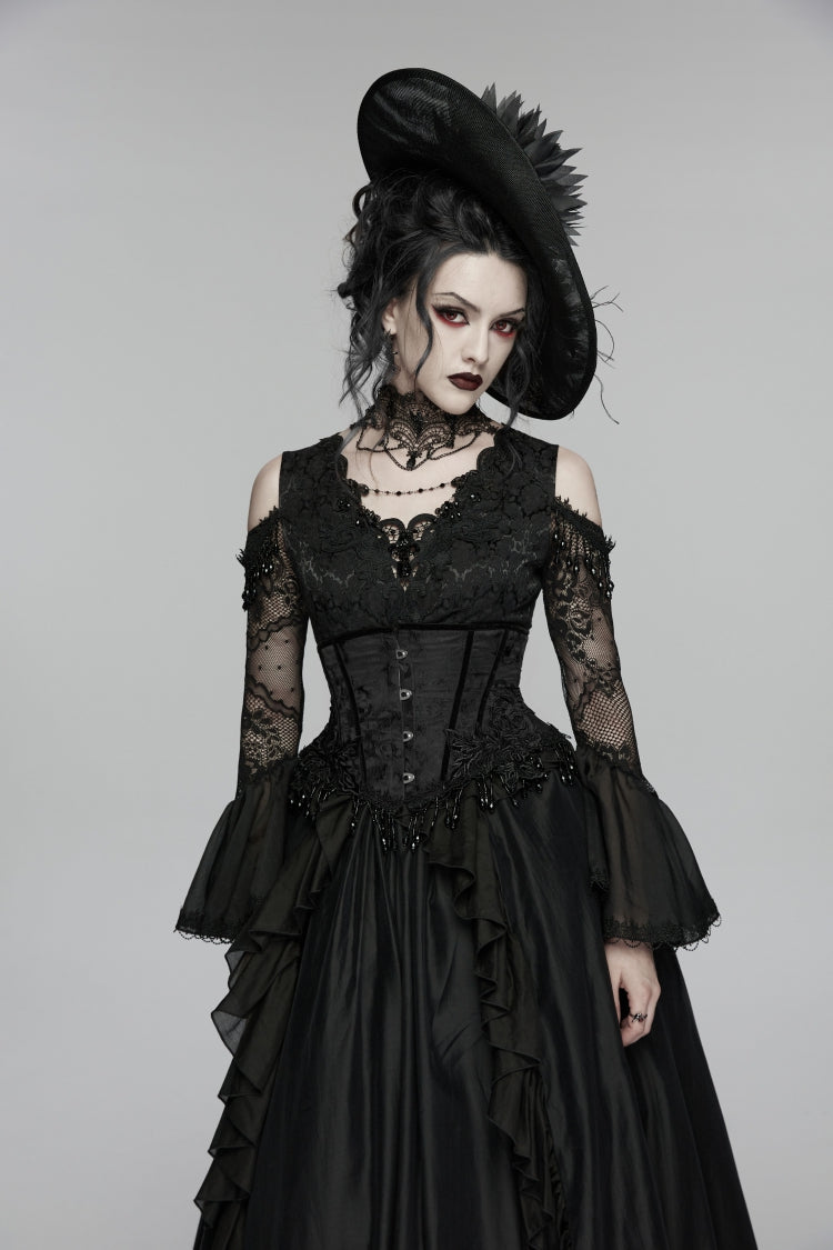 Black Jacquard Lace-Up Slim Women's Gothic Tassels Corset - Product - 6