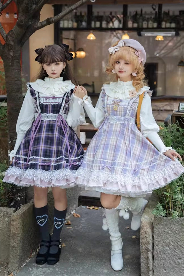 Pink/Purple [Endless Summer] High Waisted Printed Ruffled Bow Lace Sweet Princess Lolita Jsk Dress 2 Versions - Product - 2
