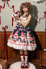 Mint Strawberry Dessert Print High Waisted Ruffle Bowknot Sweet Lolita JSK Dress 4 Colors - Blue - 4