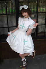 Light Green [Mint Prescription] Stand Collar Short Sleeves Vertical Stripe Printed Bow Sweet Lolita Nurse Dress - Product - 18