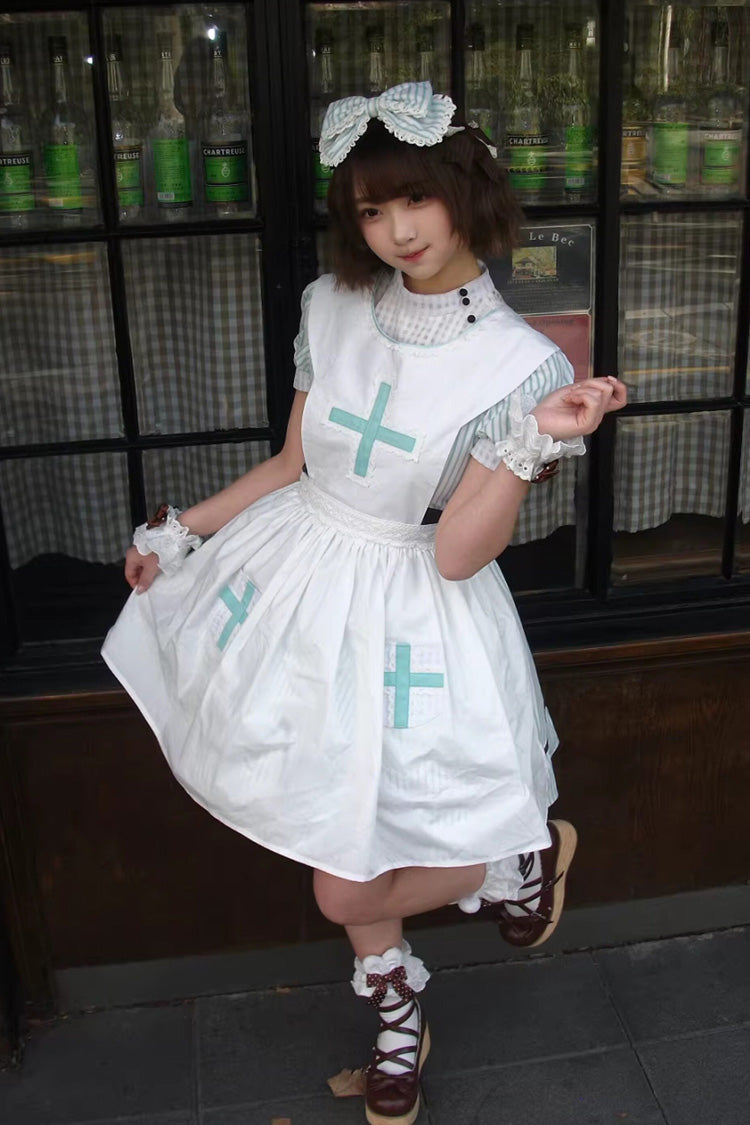 Light Green [Mint Prescription] Stand Collar Short Sleeves Vertical Stripe Printed Bow Sweet Lolita Nurse Dress - Product - 18