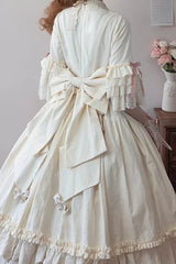 Ivory [Lilica Garden] Lapel Collar Short Trumpet Sleeves Ruffled Open-Front Bow Lace Sweet Elegant Luxurious Lolita Dress - Product - 8