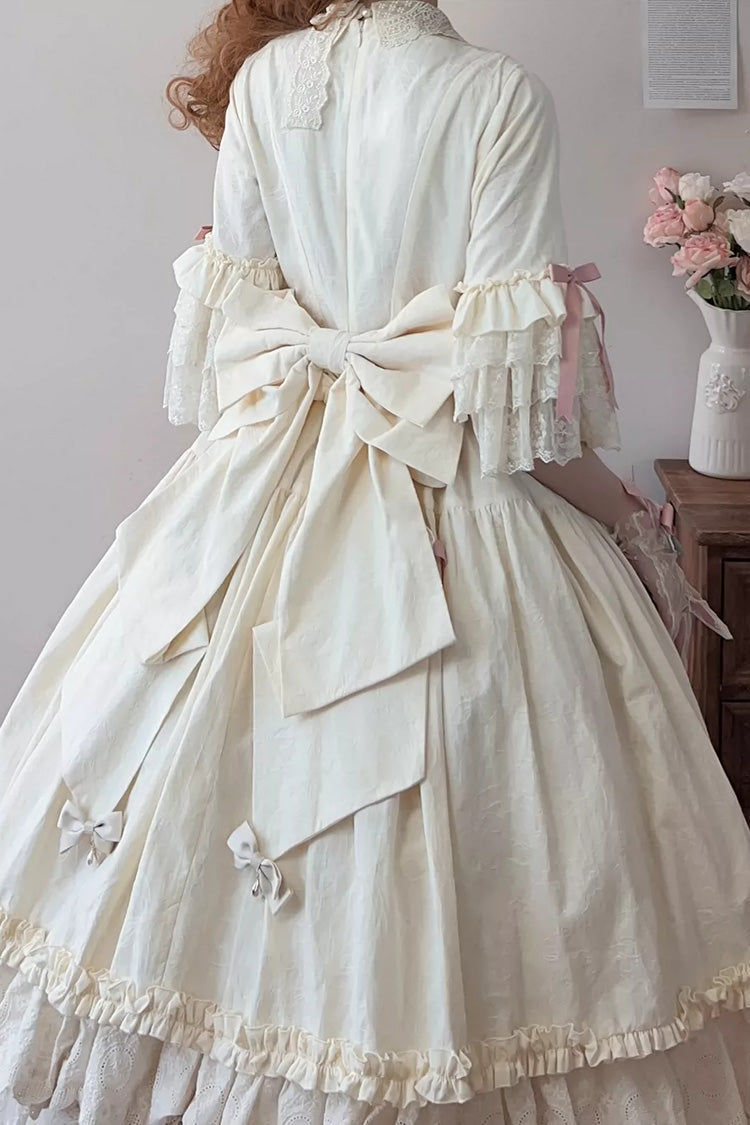 Ivory [Lilica Garden] Lapel Collar Short Trumpet Sleeves Ruffled Open-Front Bow Lace Sweet Elegant Luxurious Lolita Dress - Product - 8