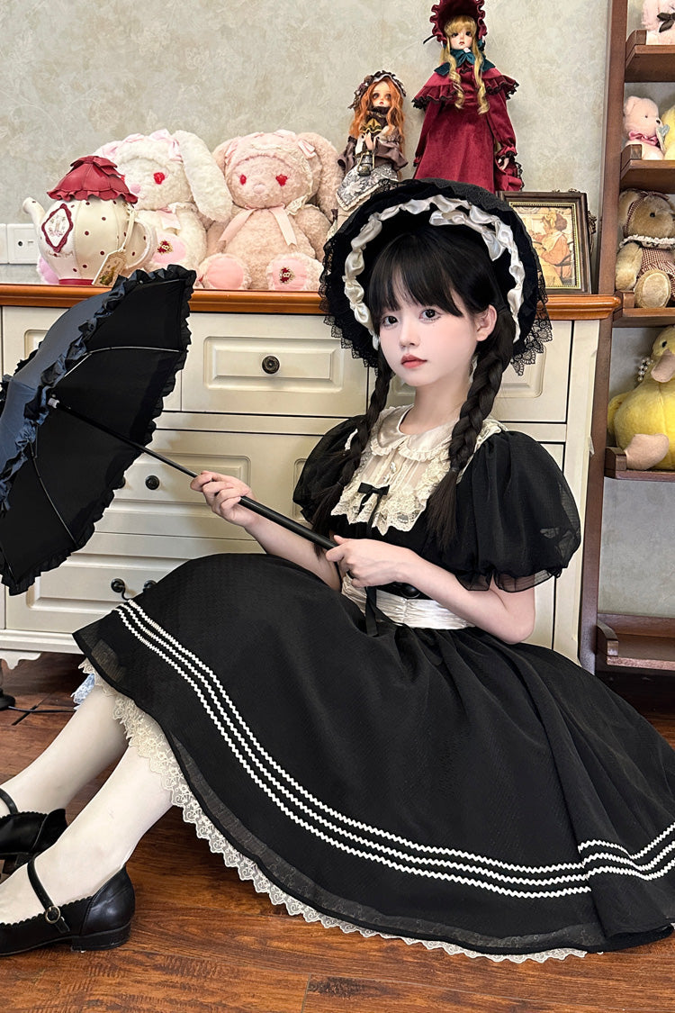 Black Doll Collar Short Sleeves Lace Daily Sweet Elegant Princess Lolita Dress - Product - 7