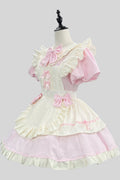 Pink/White Short Sleeves Ruffle Bowknot Lace Plus Size Sweet Maid Short Lolita Dress - Pink/White - 1