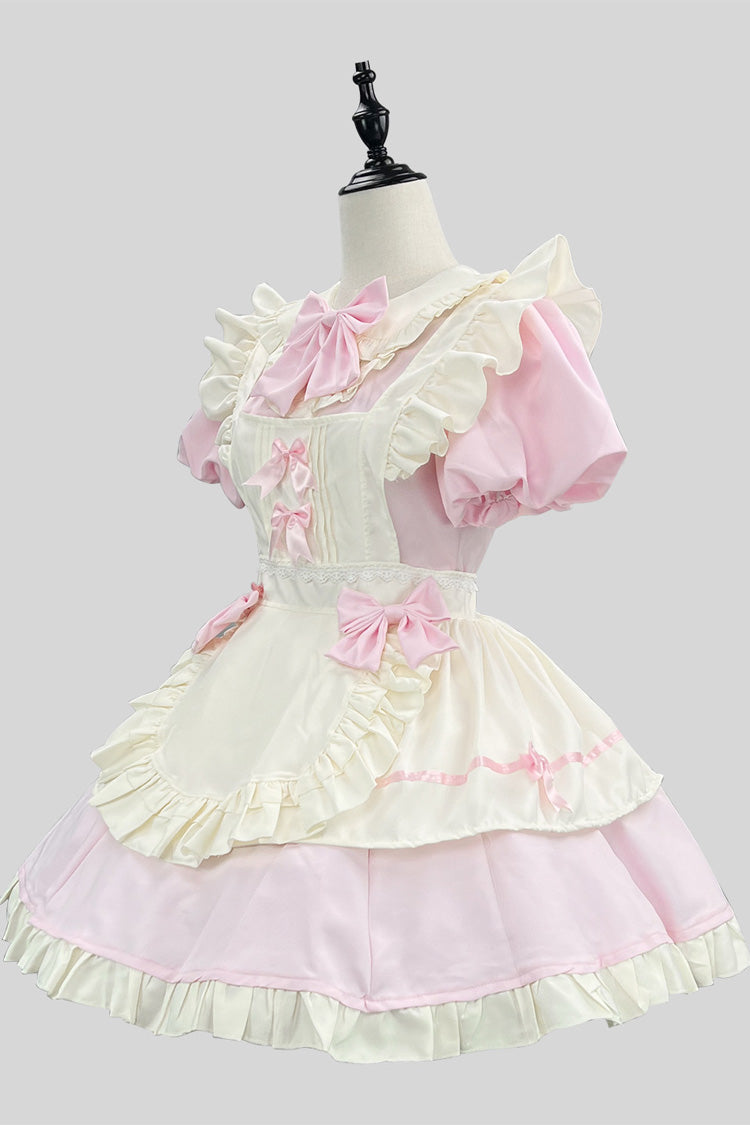 Pink/White Short Sleeves Ruffle Bowknot Lace Plus Size Sweet Maid Short Lolita Dress - Pink/White - 1