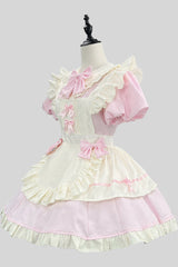 Pink/White Short Sleeves Ruffle Bowknot Lace Plus Size Sweet Maid Short Lolita Dress - Pink/White - 1