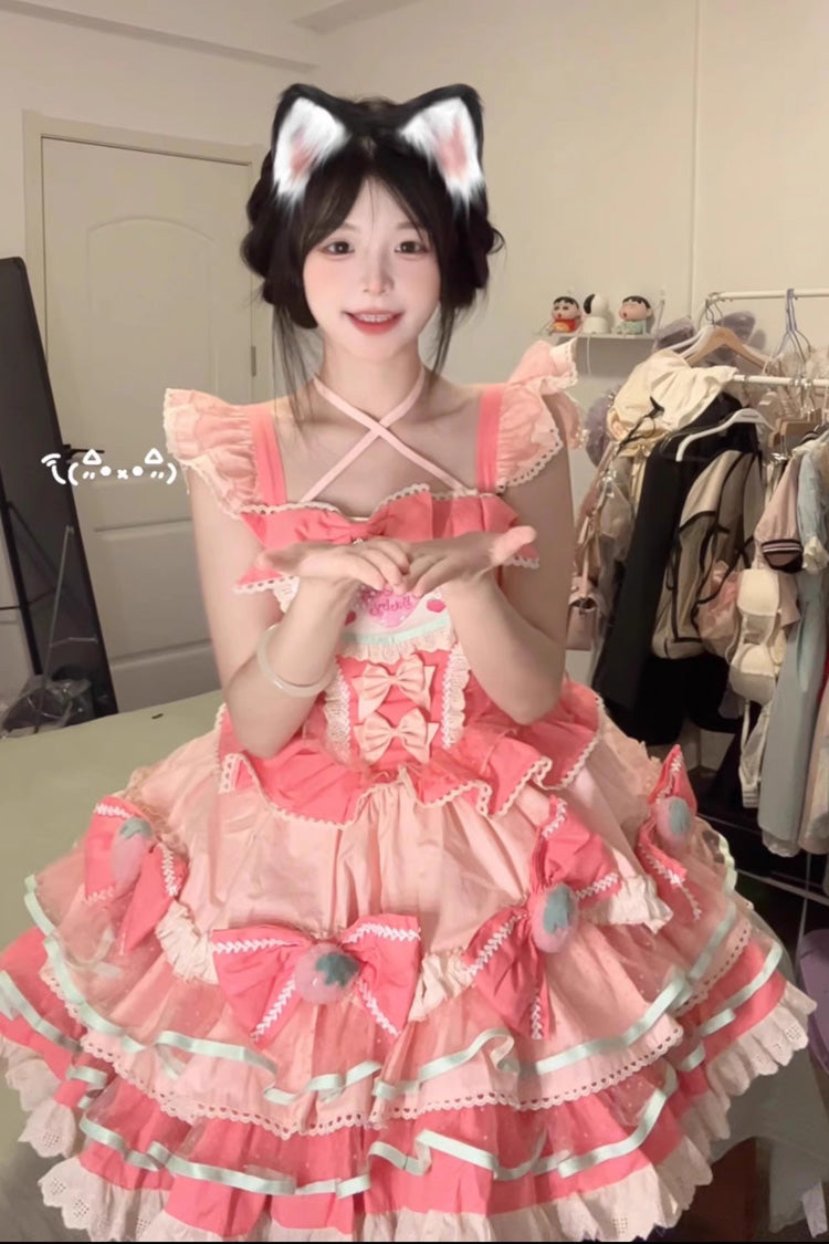 Pink Multi-Layered [Cream Strawberries] Print Ruffle Bowknot Sweet Lolita Tiered Dress - Product - 6