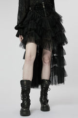 Heart Embroidery Skull Pendant Zipper Irregular Mesh Women's Gothic Skirt 2 Colors - Black - 9