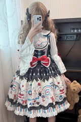 Black [Mystery Rabbit Tea Party] Sleeveless Print Ruffle Bowknot Lace Sweet Lolita Jsk Dress - Product - 2