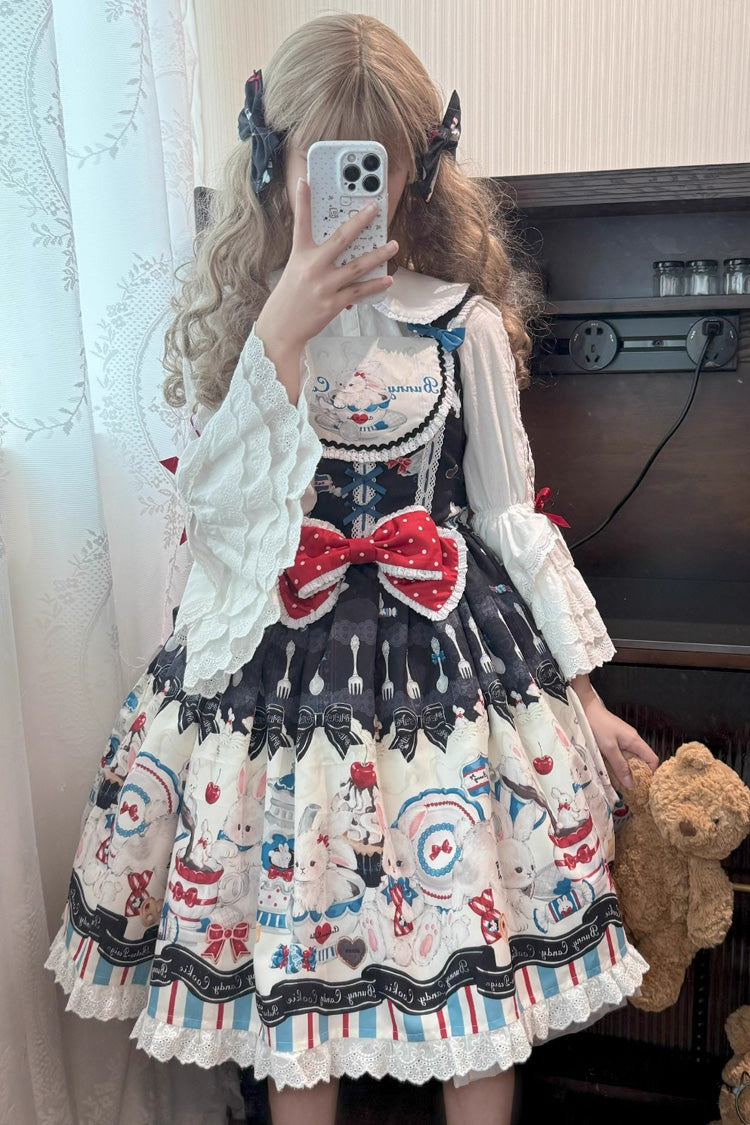 Black [Mystery Rabbit Tea Party] Sleeveless Print Ruffle Bowknot Lace Sweet Lolita Jsk Dress - Product - 2