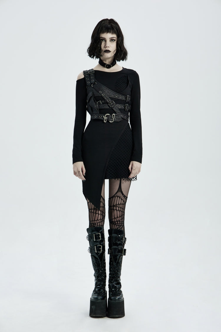 Black Cut-Out Asymmetric Buckled Eyelet Women's Punk Accessory with Pocket - Product - 2