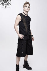 Black Chest Lace Up Splice Coarse Grain Men's Punk Vest - Product - 4