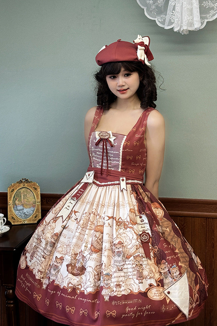 Wine Red [Fox Band] Print Square Collar Bowknot Classic Lolita Jumper Dress - Product - 10