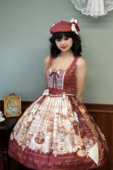Wine Red [Fox Band] Print Square Collar Bowknot Classic Lolita Jumper Dress - Product - 10