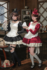 [Liya] Square Collar Long Lantern Sleeves Multi-Layered Ruffled Classic Elegant Lolita Dress 2 Colors (Black, Red) - Product - 10