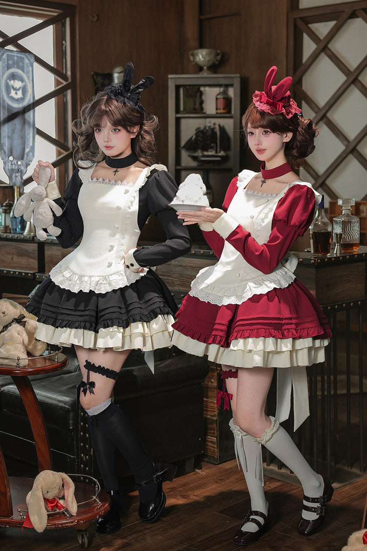 [Liya] Square Collar Long Lantern Sleeves Multi-Layered Ruffled Classic Elegant Lolita Dress 2 Colors (Black, Red) - Product - 10